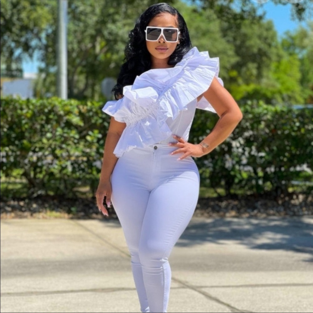 Rare! Zara Blogger White Cotton Poplin Ruffle One Shoulder Bustier Top S